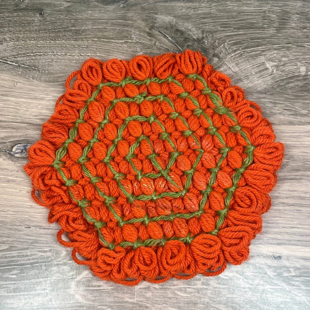 Handmade Loom Knit Yarn Trivets Set of 3 Orange Brown Retro Hot Pads 8 in